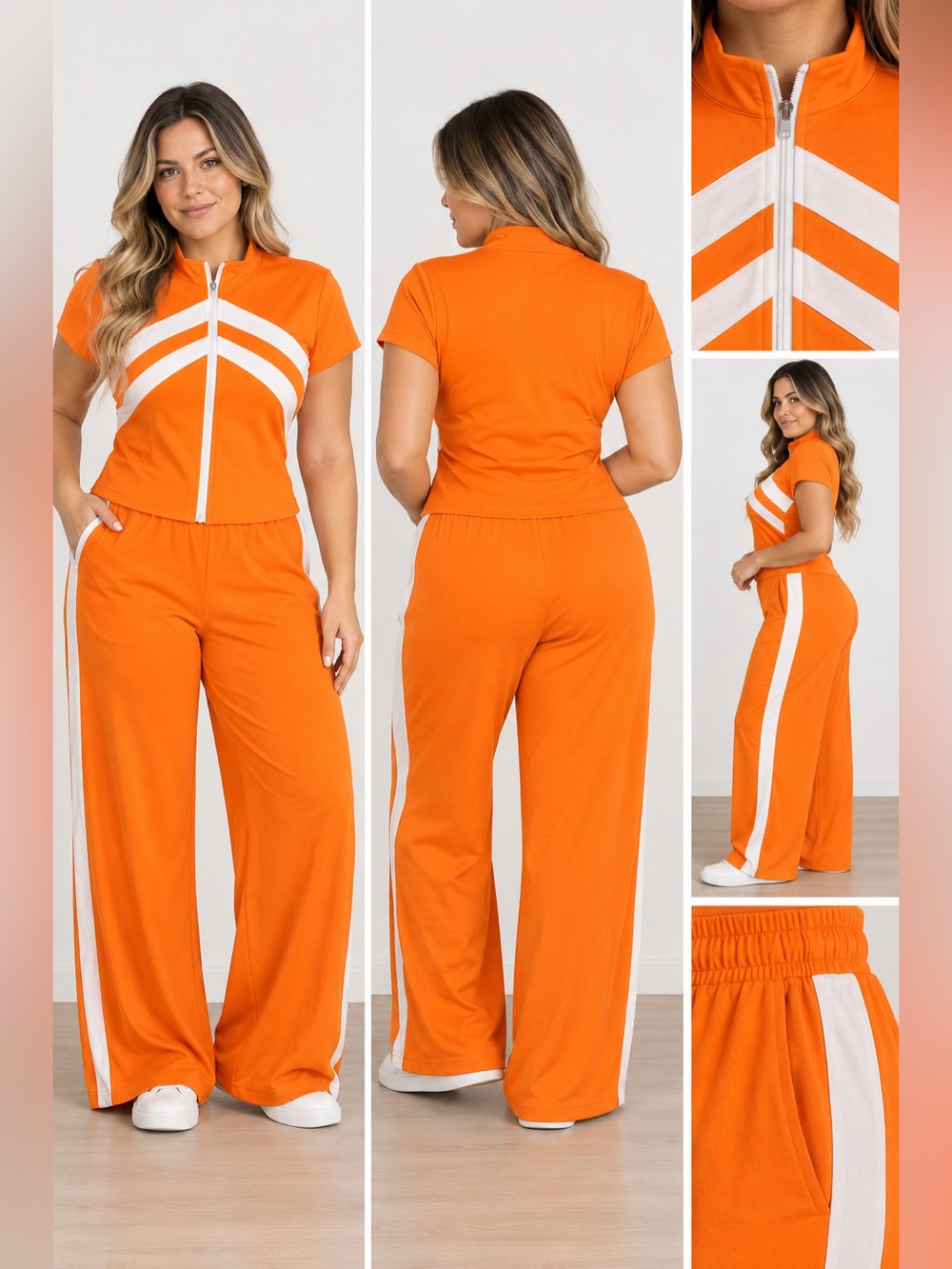 Casual Orange Two-Piece Zip-Front Jumpsuit Set